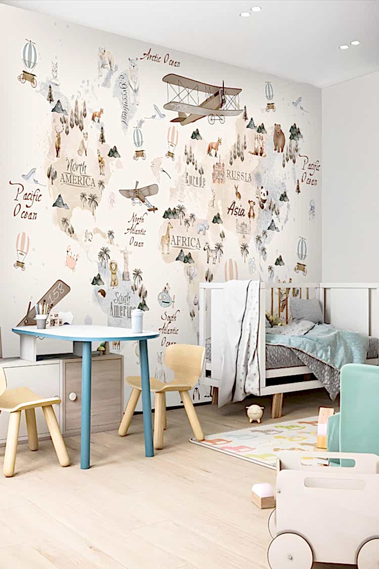 Hayvanlar ve Dünya Haritası Temalı Duvar Kağıdı - Görsel 3