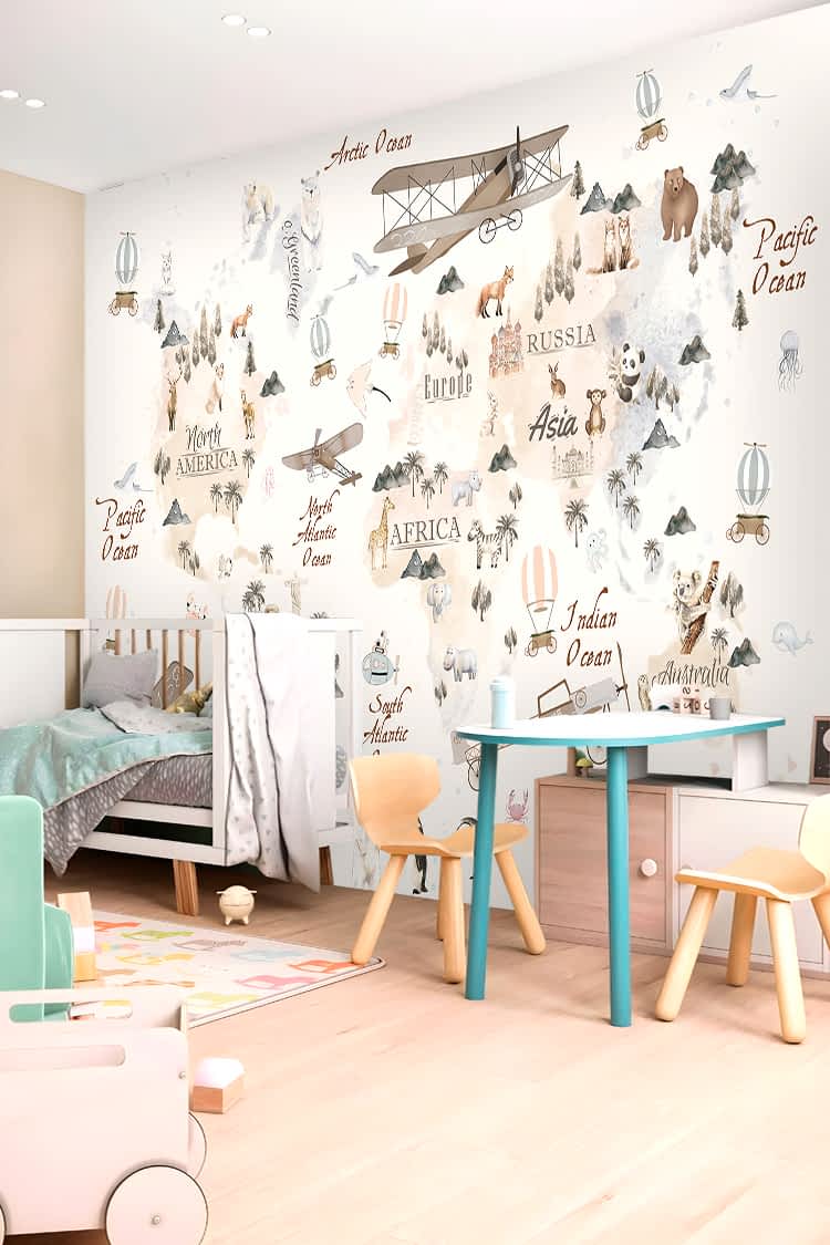 Hayvanlar ve Dünya Haritası Temalı Duvar Kağıdı - Görsel 4