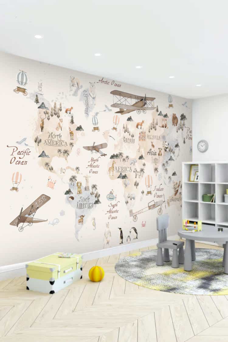 Hayvanlar ve Dünya Haritası Temalı Duvar Kağıdı