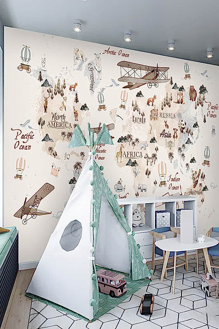 Hayvanlar ve Dünya Haritası Temalı Duvar Kağıdı - Görsel 5
