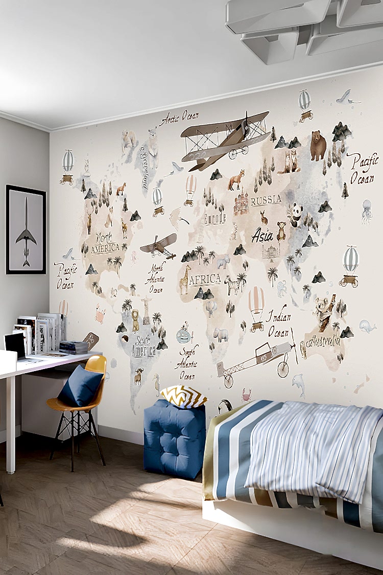 Hayvanlar ve Dünya Haritası Temalı Duvar Kağıdı - Görsel 6