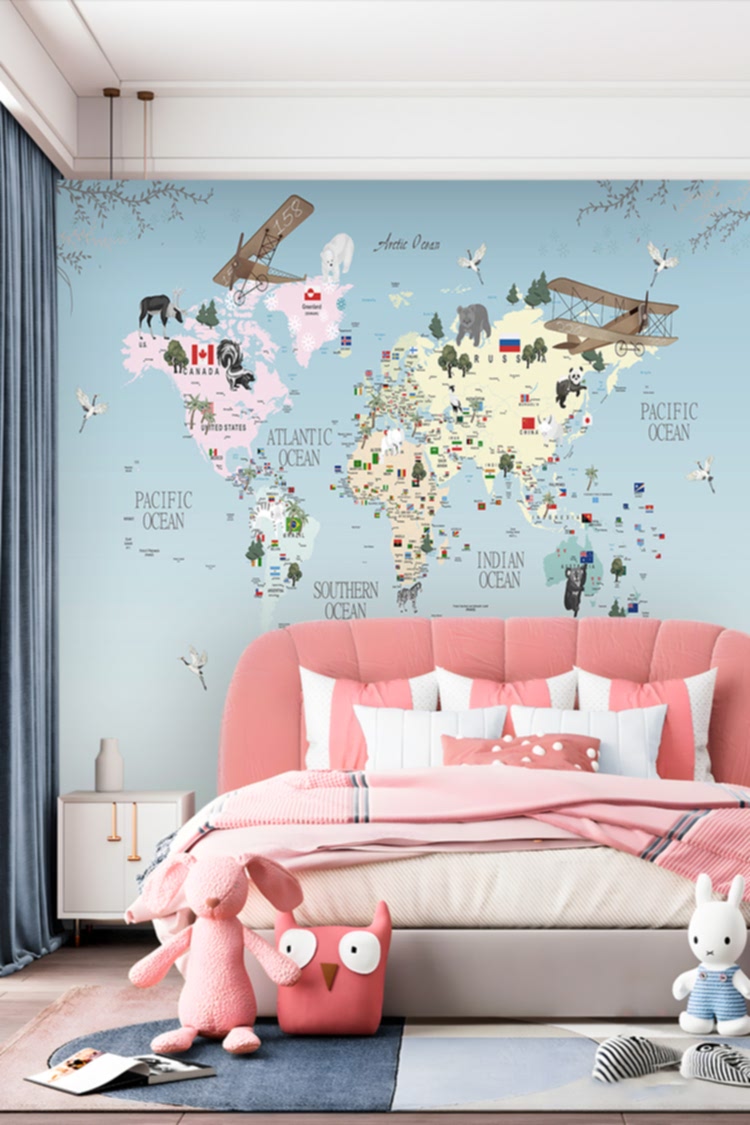 Hayvanlar ve Uçaklarla Dünya Haritası Duvar Kağıdı - Görsel 2