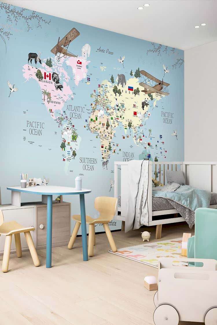 Hayvanlar ve Uçaklarla Dünya Haritası Duvar Kağıdı