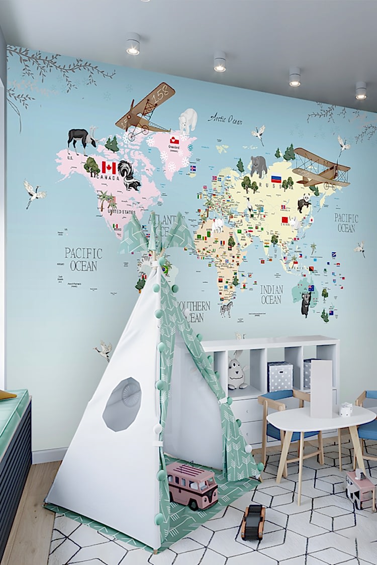 Hayvanlar ve Uçaklarla Dünya Haritası Duvar Kağıdı - Görsel 5