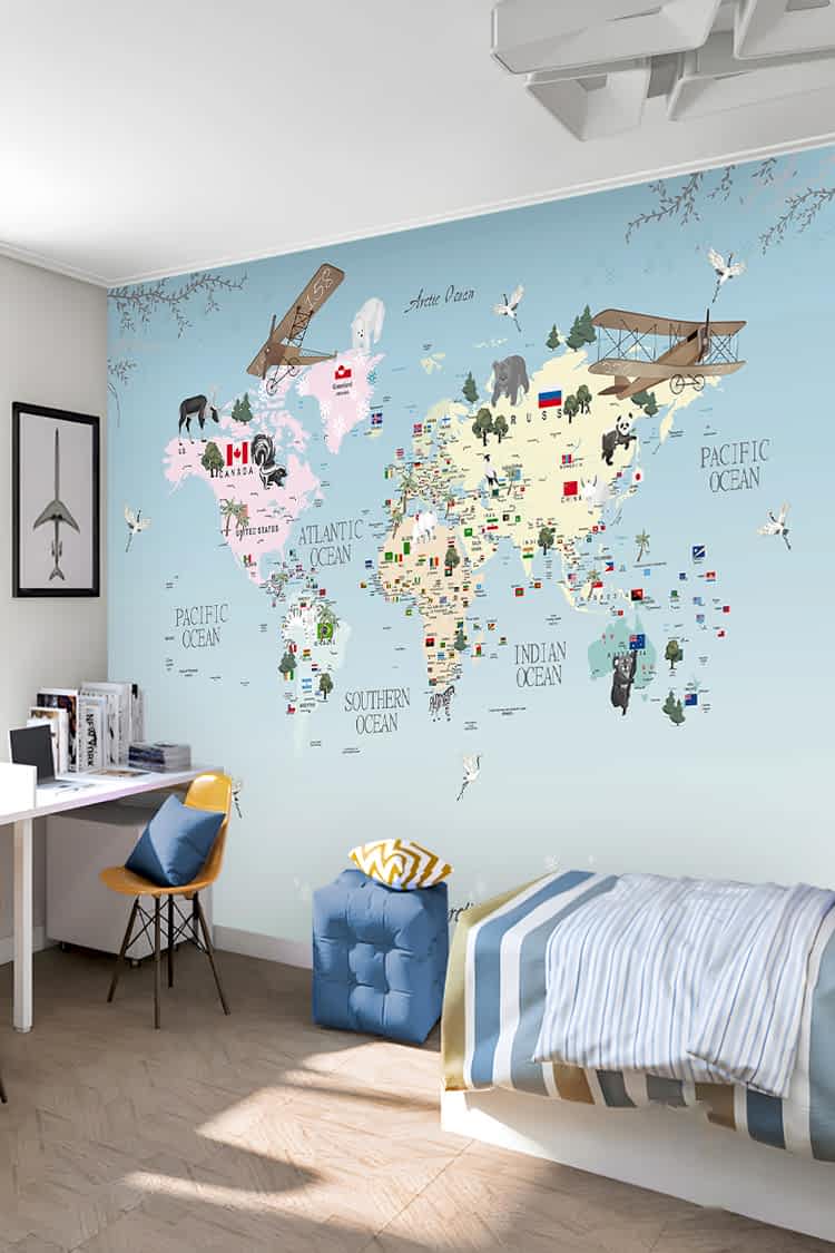 Hayvanlar ve Uçaklarla Dünya Haritası Duvar Kağıdı - Görsel 6