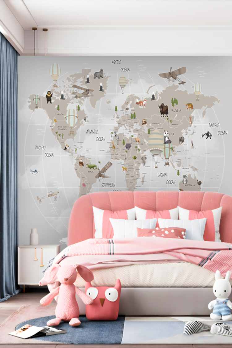 Hayvanlar ve Balonlarla Dünya Haritası Duvar Kağıdı - Görsel 2
