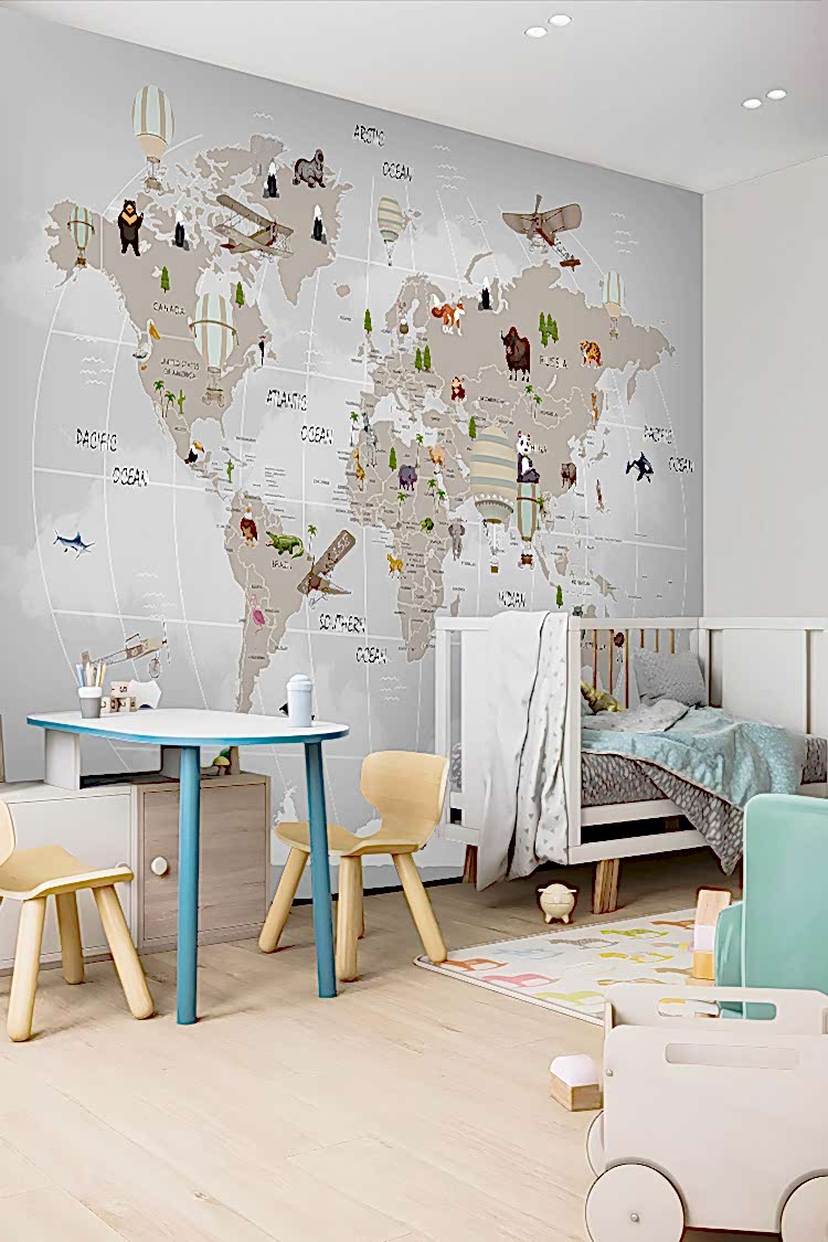 Hayvanlar ve Balonlarla Dünya Haritası Duvar Kağıdı - Görsel 3