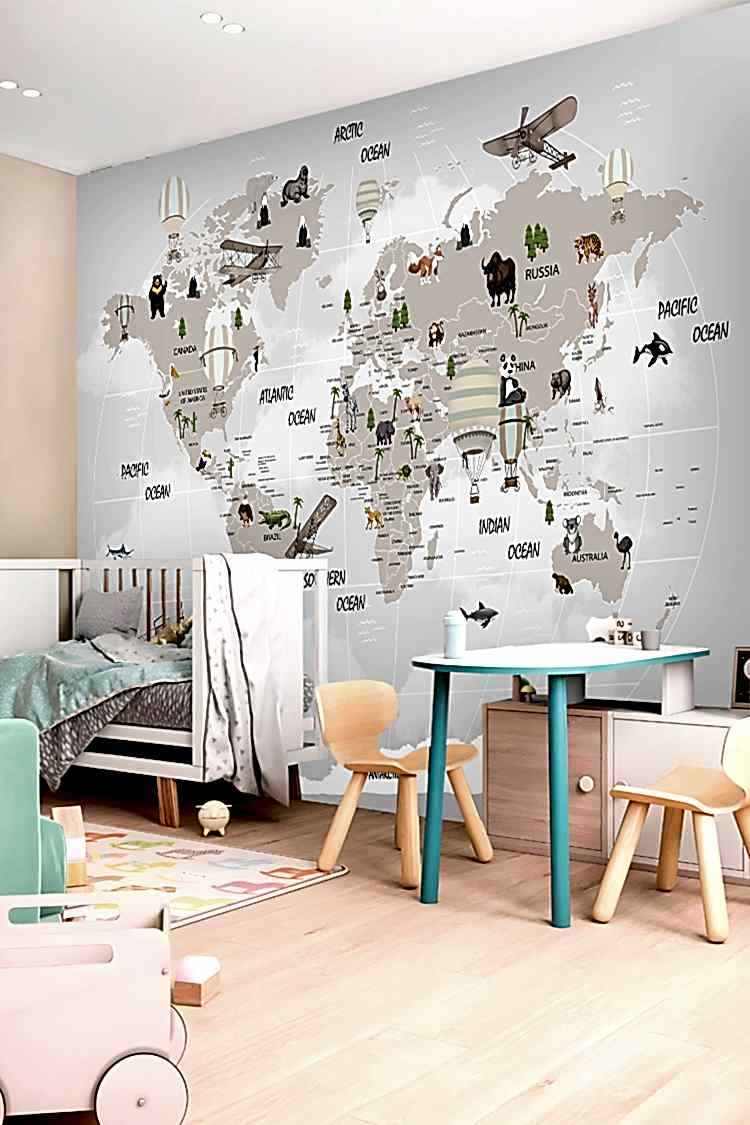 Hayvanlar ve Balonlarla Dünya Haritası Duvar Kağıdı - Görsel 4