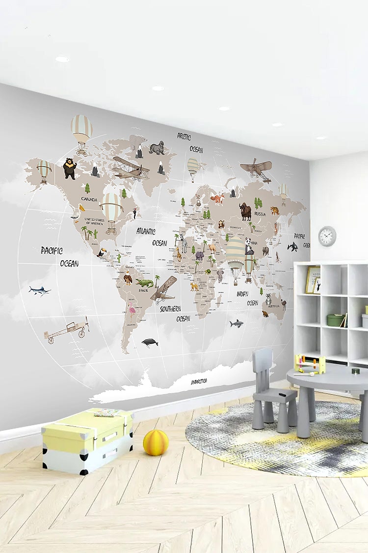 Hayvanlar ve Balonlarla Dünya Haritası Duvar Kağıdı