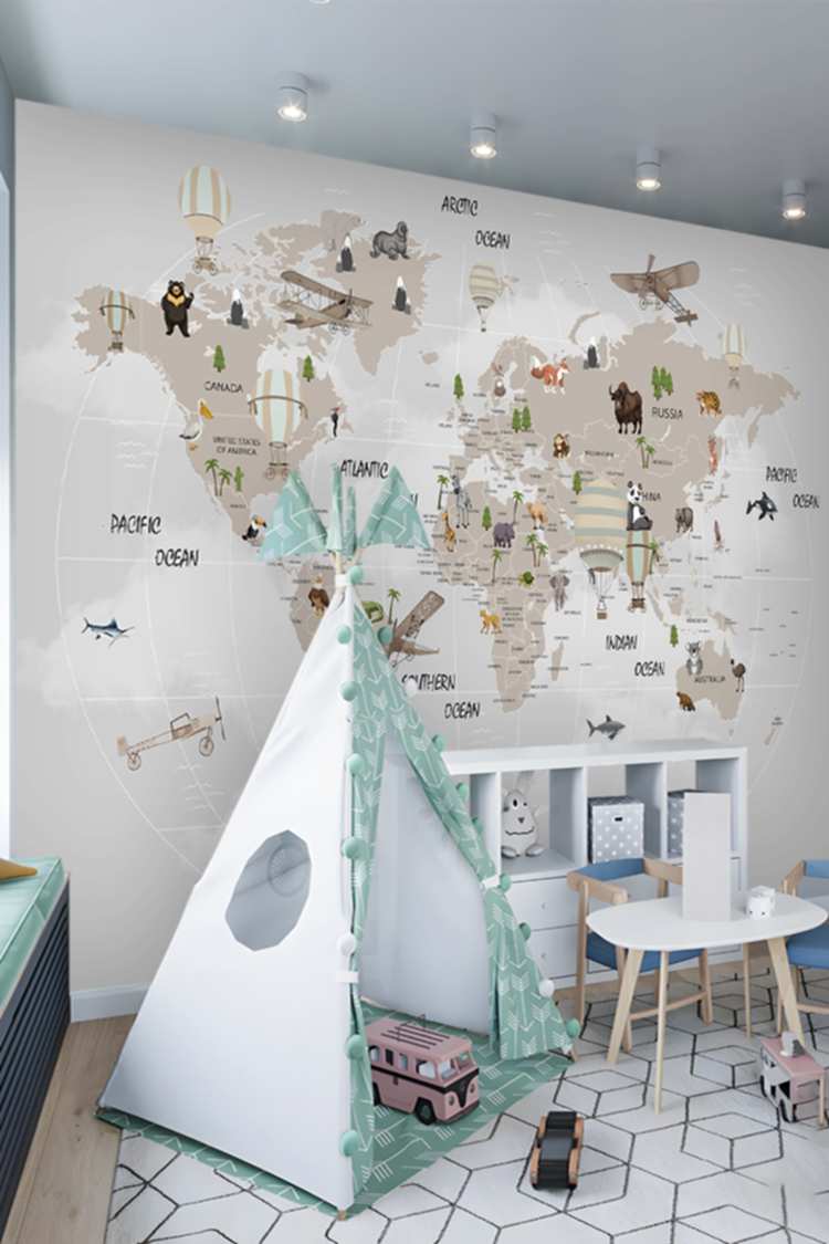 Hayvanlar ve Balonlarla Dünya Haritası Duvar Kağıdı - Görsel 5