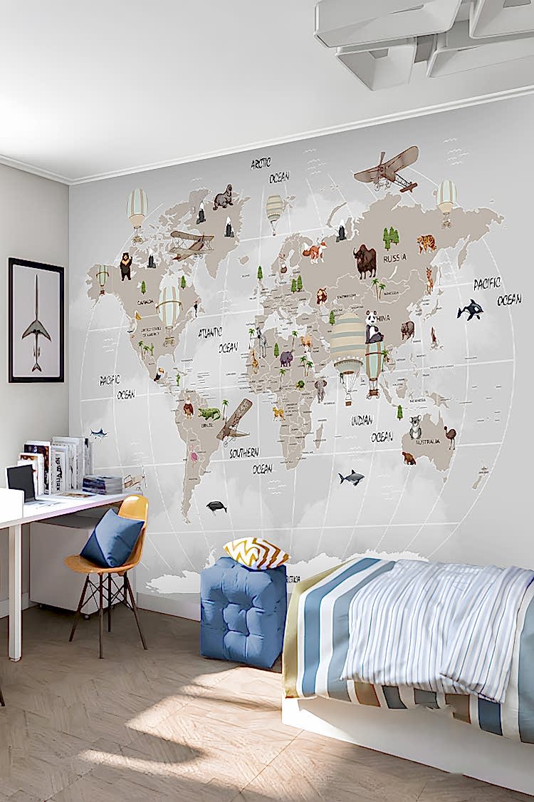 Hayvanlar ve Balonlarla Dünya Haritası Duvar Kağıdı - Görsel 6