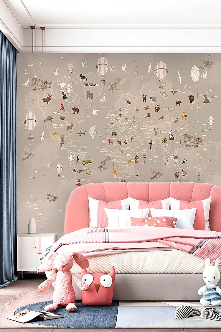 Hayvanlar ve Uçaklarla Dünya Haritası Duvar Kağıdı