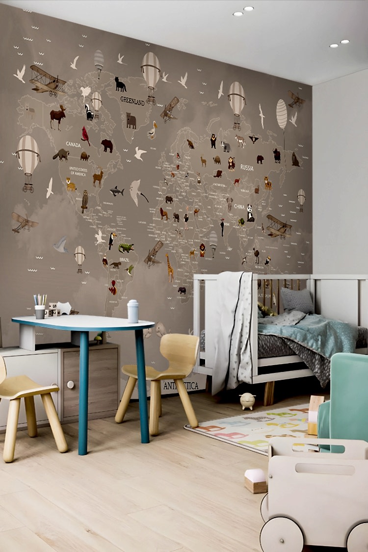 Hayvanlar ve Uçaklarla Dünya Haritası Duvar Kağıdı - Görsel 2