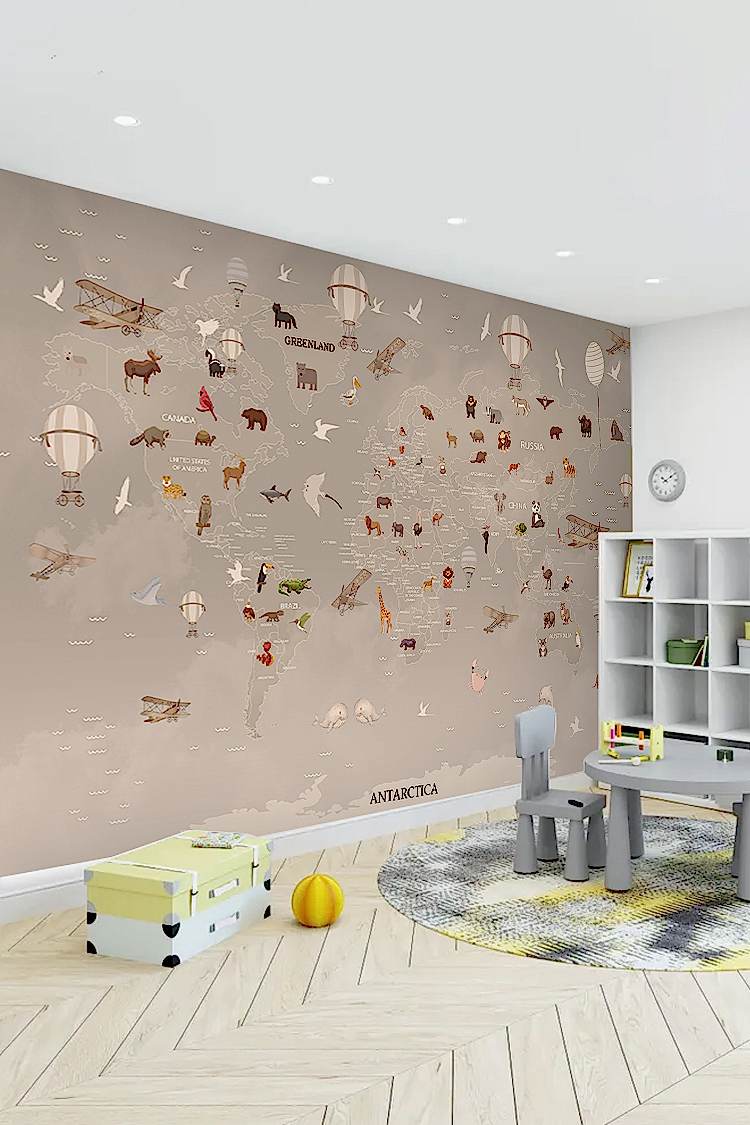 Hayvanlar ve Uçaklarla Dünya Haritası Duvar Kağıdı - Görsel 4