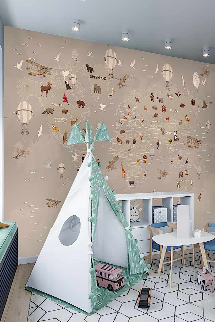 Hayvanlar ve Uçaklarla Dünya Haritası Duvar Kağıdı - Görsel 5