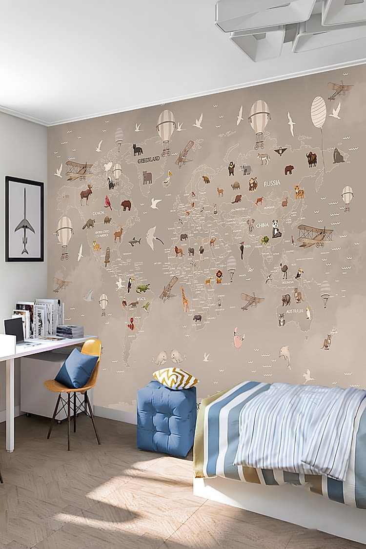 Hayvanlar ve Uçaklarla Dünya Haritası Duvar Kağıdı - Görsel 6
