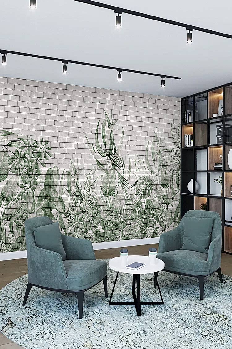 Tropikal Bitkiler ve Beyaz Tuğla Duvar ile Modern Duvar Kağıdı