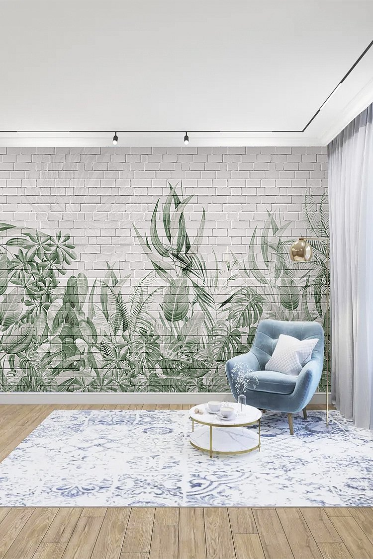 Tropikal Bitkiler ve Beyaz Tuğla Duvar ile Modern Duvar Kağıdı - Görsel 2