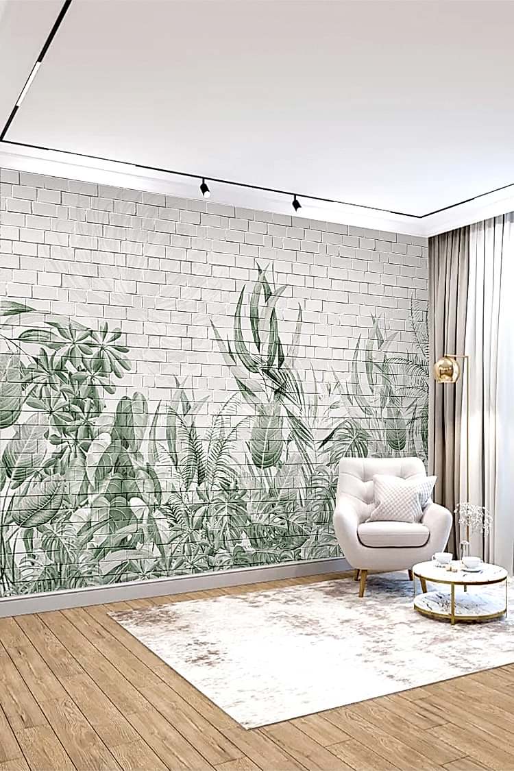 Tropikal Bitkiler ve Beyaz Tuğla Duvar ile Modern Duvar Kağıdı - Görsel 3