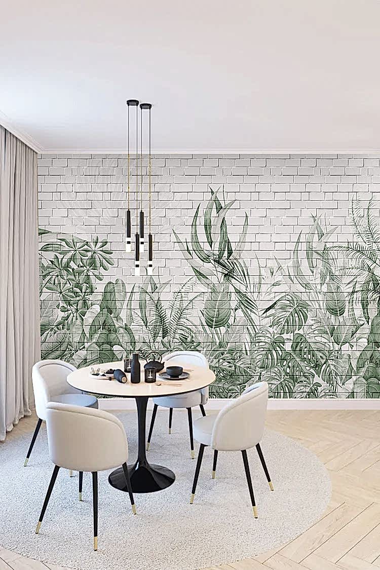 Tropikal Bitkiler ve Beyaz Tuğla Duvar ile Modern Duvar Kağıdı - Görsel 4