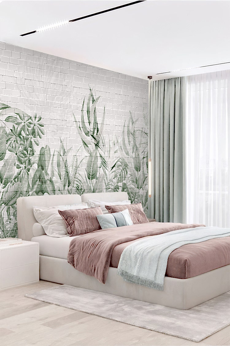 Tropikal Bitkiler ve Beyaz Tuğla Duvar ile Modern Duvar Kağıdı - Görsel 5