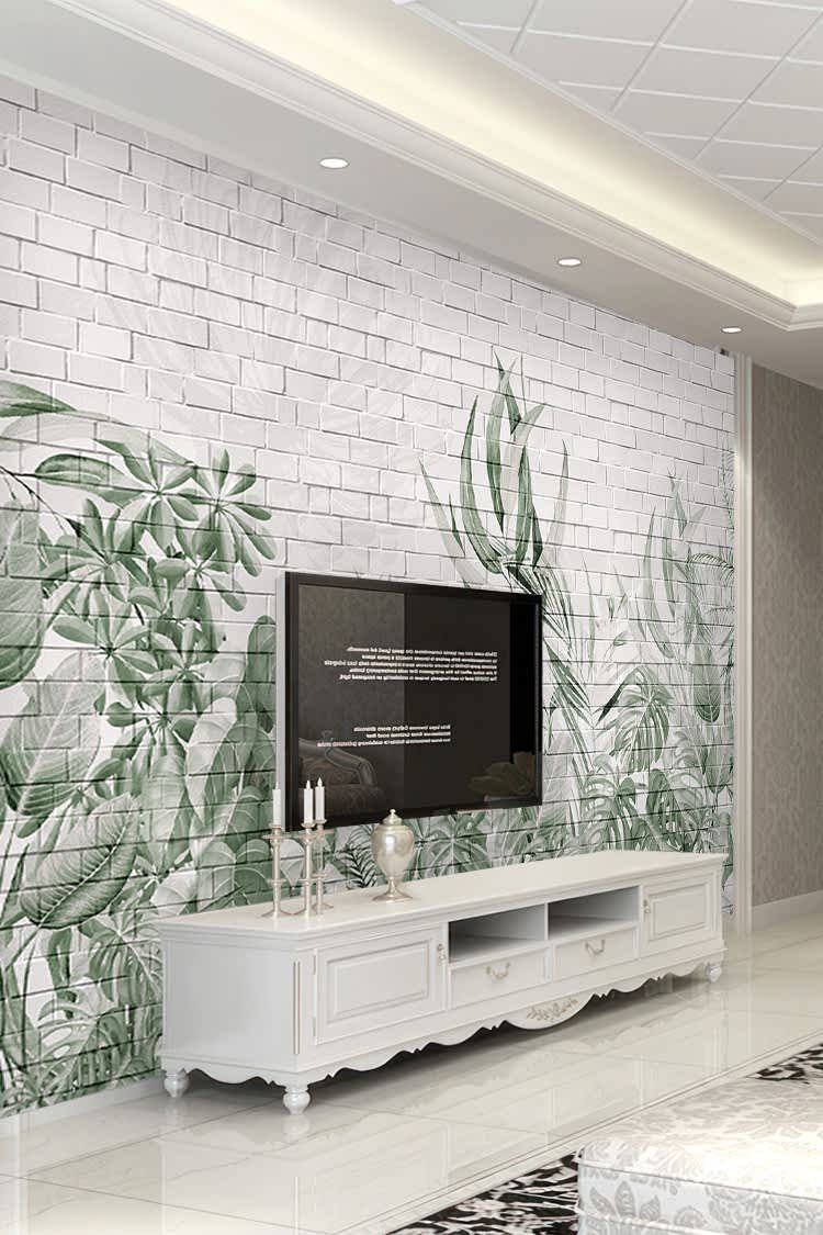 Tropikal Bitkiler ve Beyaz Tuğla Duvar ile Modern Duvar Kağıdı - Görsel 6