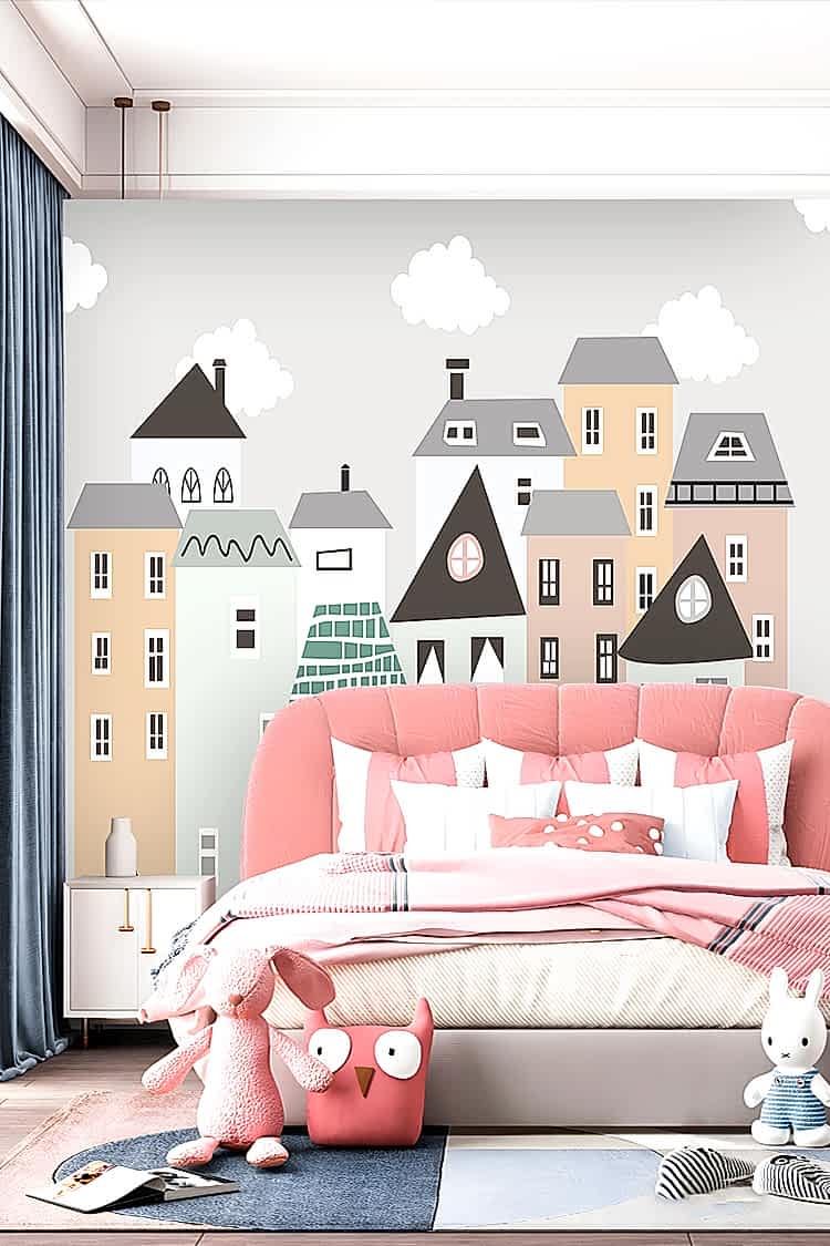 Renkli Evler ve Bulutlarla Duvar Kağıdı