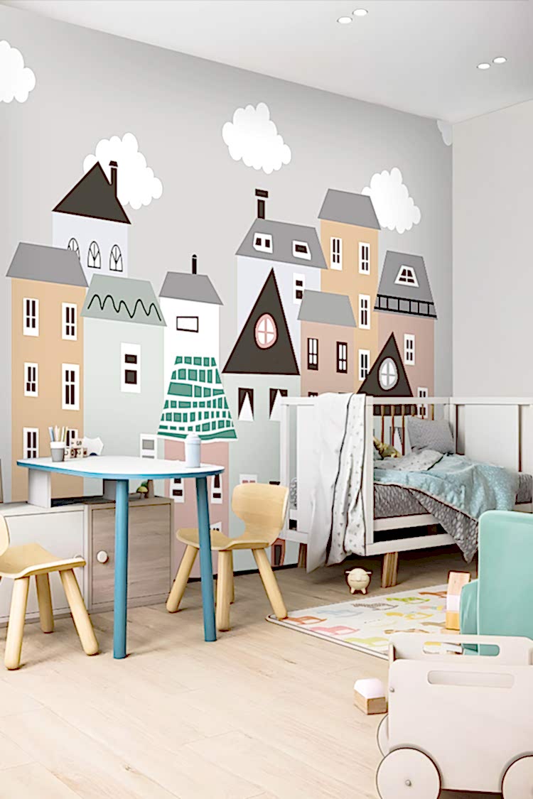 Renkli Evler ve Bulutlarla Duvar Kağıdı - Görsel 2