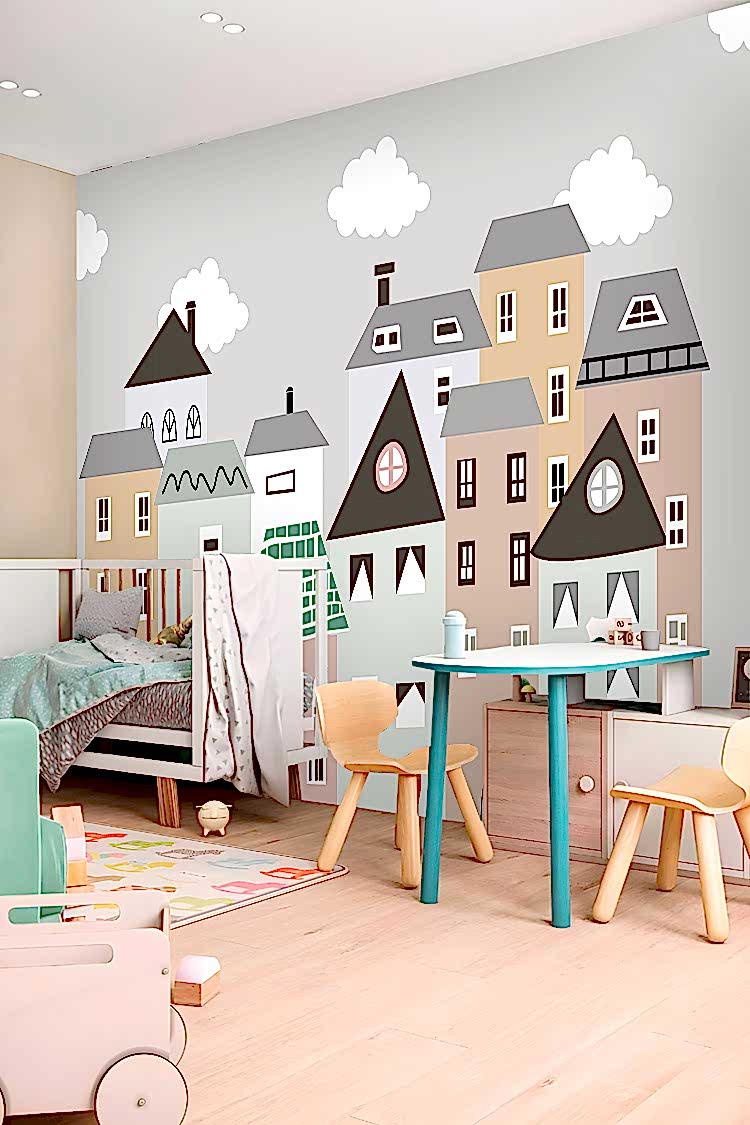 Renkli Evler ve Bulutlarla Duvar Kağıdı - Görsel 3