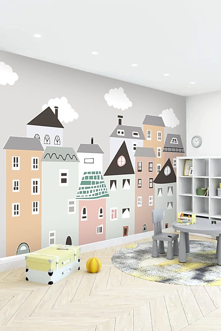 Renkli Evler ve Bulutlarla Duvar Kağıdı - Görsel 4