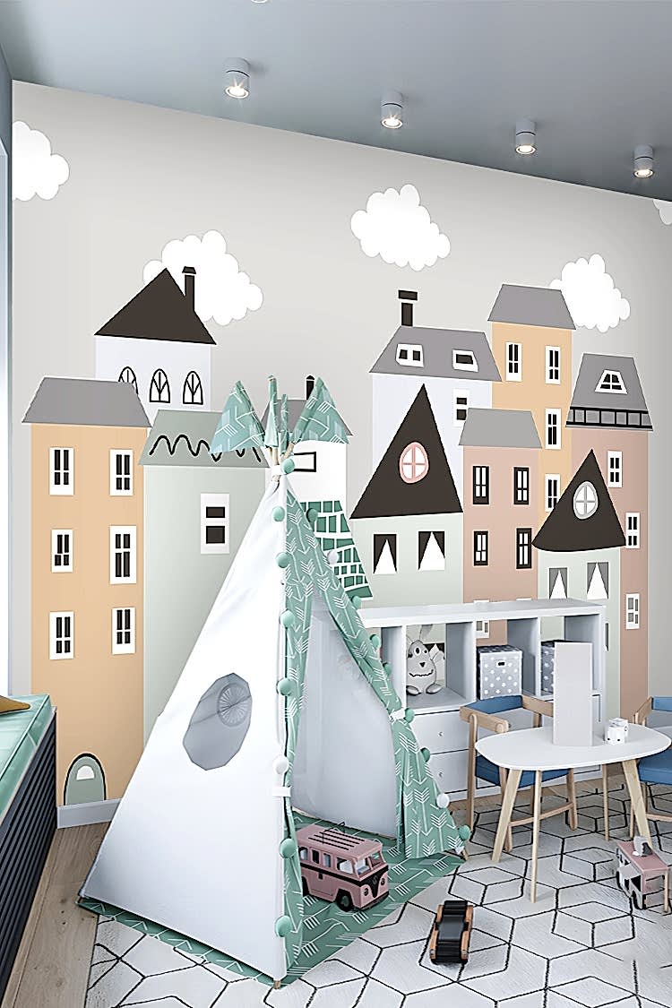 Renkli Evler ve Bulutlarla Duvar Kağıdı - Görsel 5