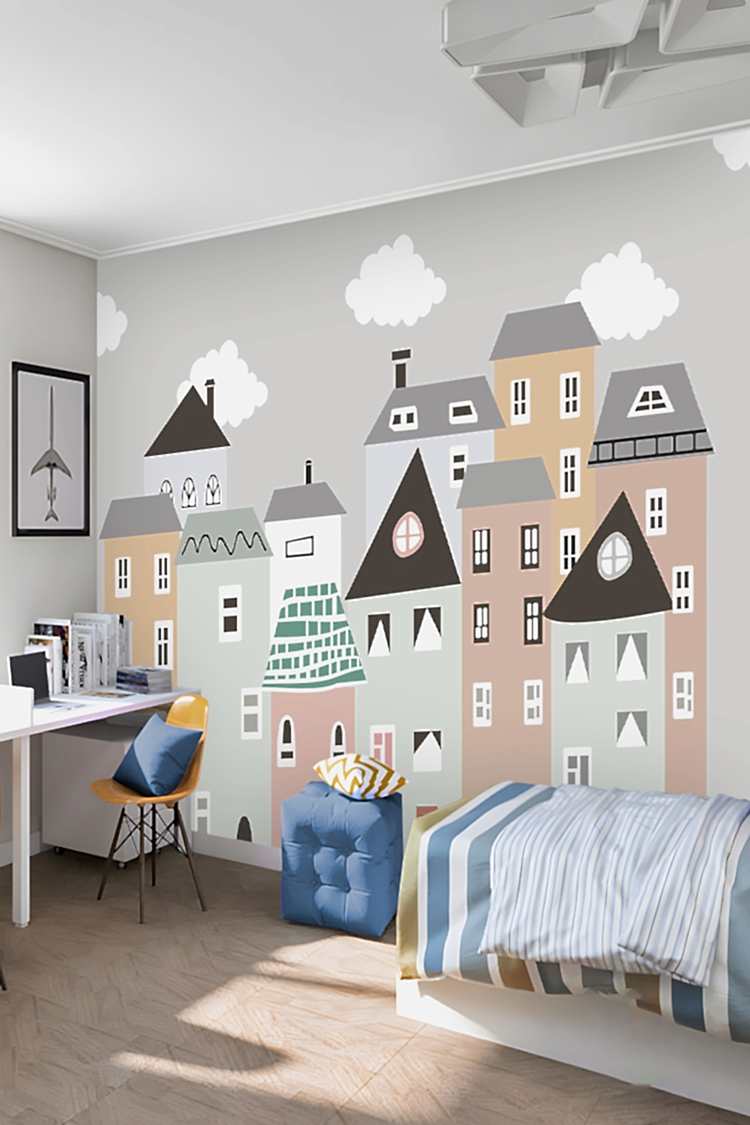 Renkli Evler ve Bulutlarla Duvar Kağıdı - Görsel 6