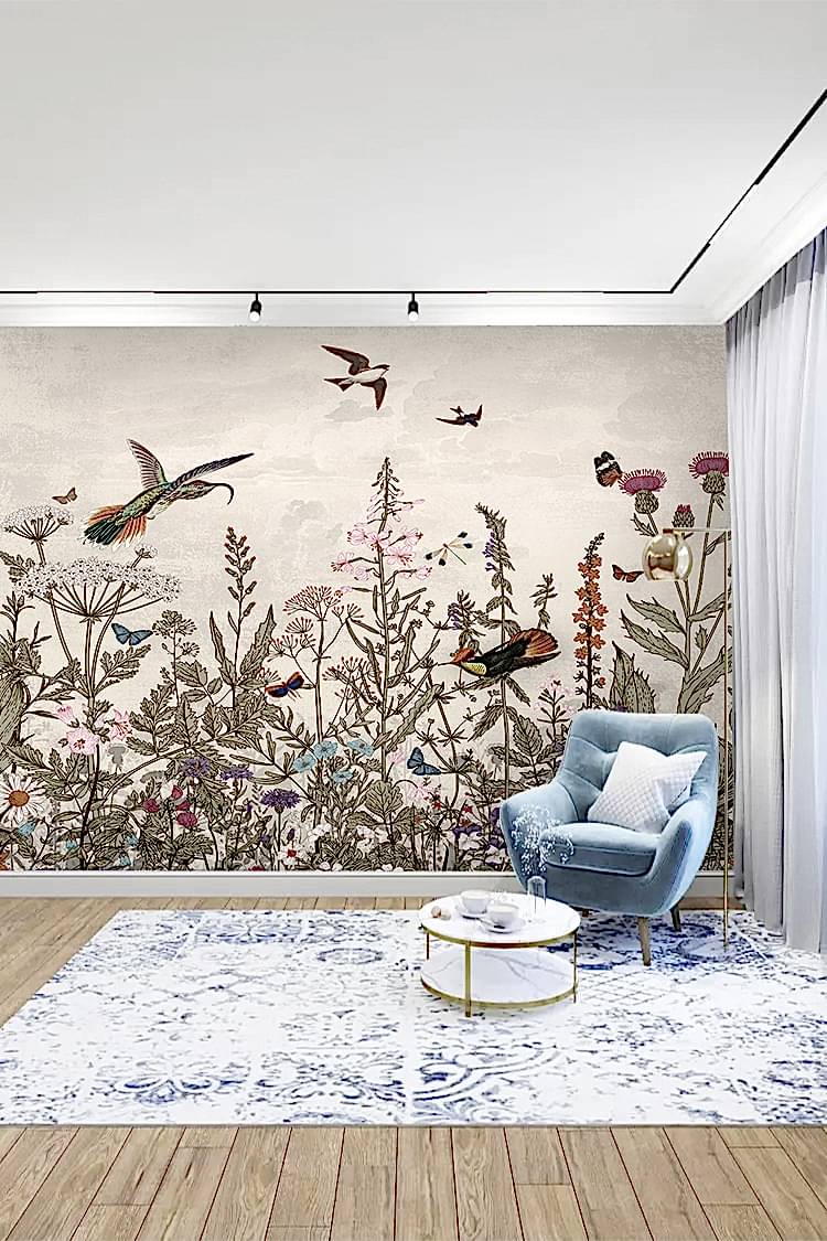 Kuşlar ve Çiçek Deseni Duvar Kağıdı - Görsel 2