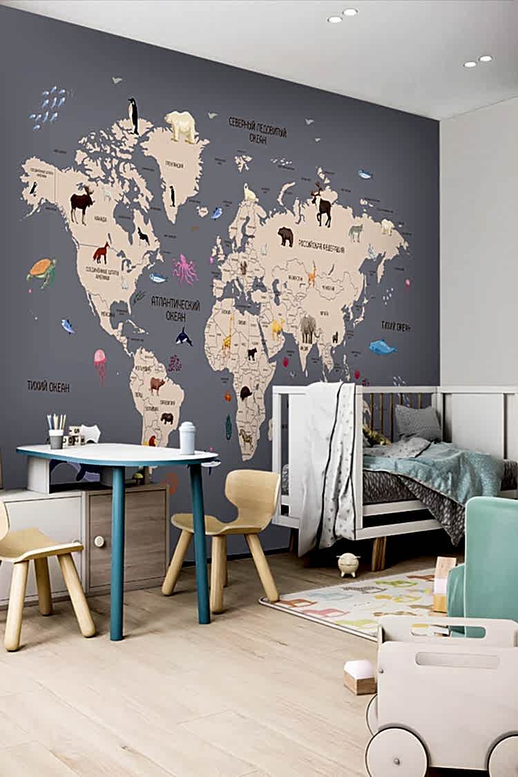Renkli Dünya Haritası ve Hayvanlar Duvar Kağıdı - Görsel 2