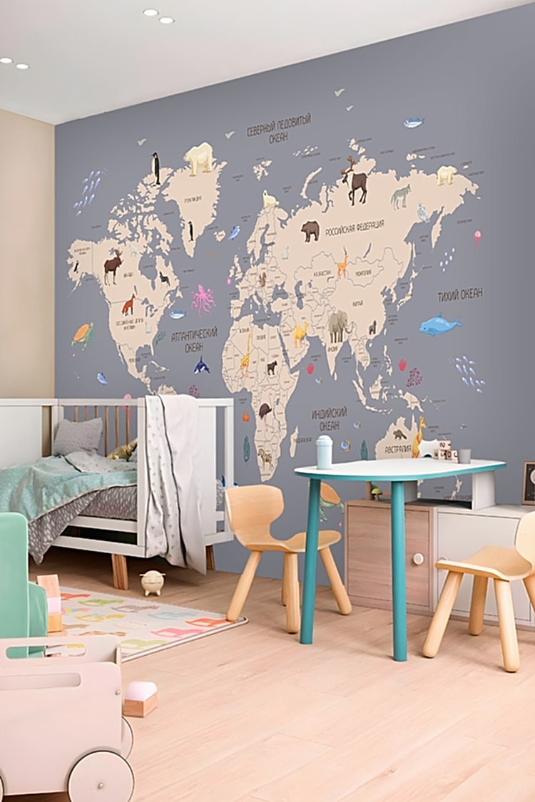 Renkli Dünya Haritası ve Hayvanlar Duvar Kağıdı - Görsel 3