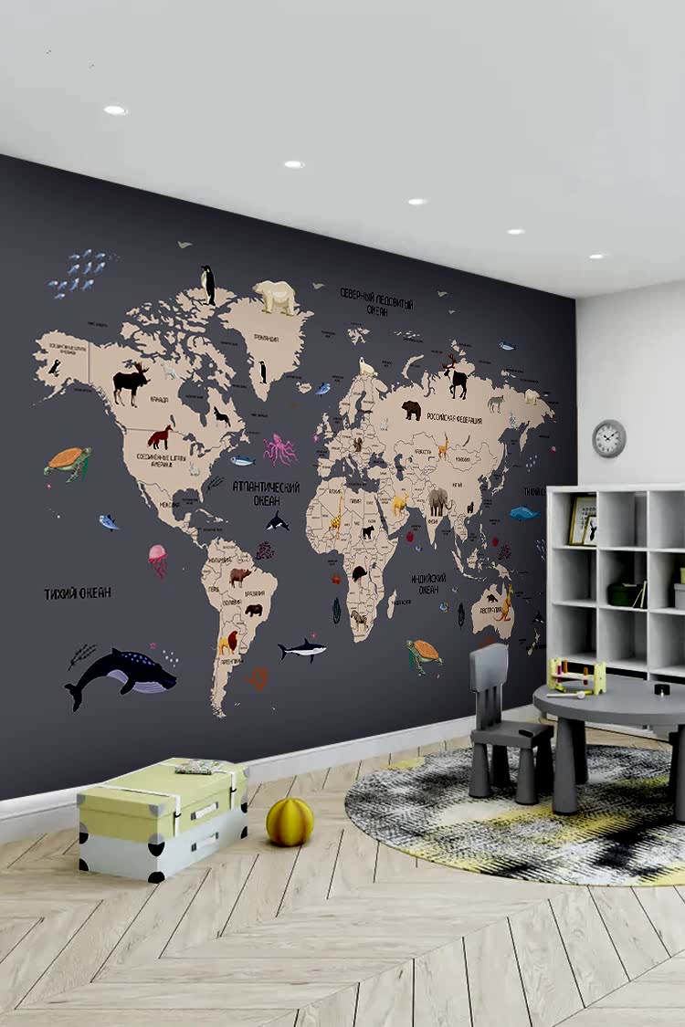 Renkli Dünya Haritası ve Hayvanlar Duvar Kağıdı - Görsel 4