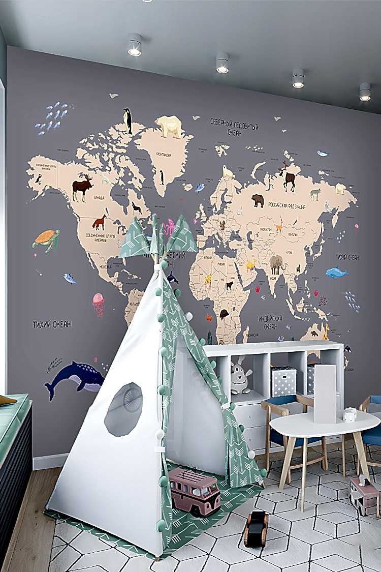 Renkli Dünya Haritası ve Hayvanlar Duvar Kağıdı - Görsel 5