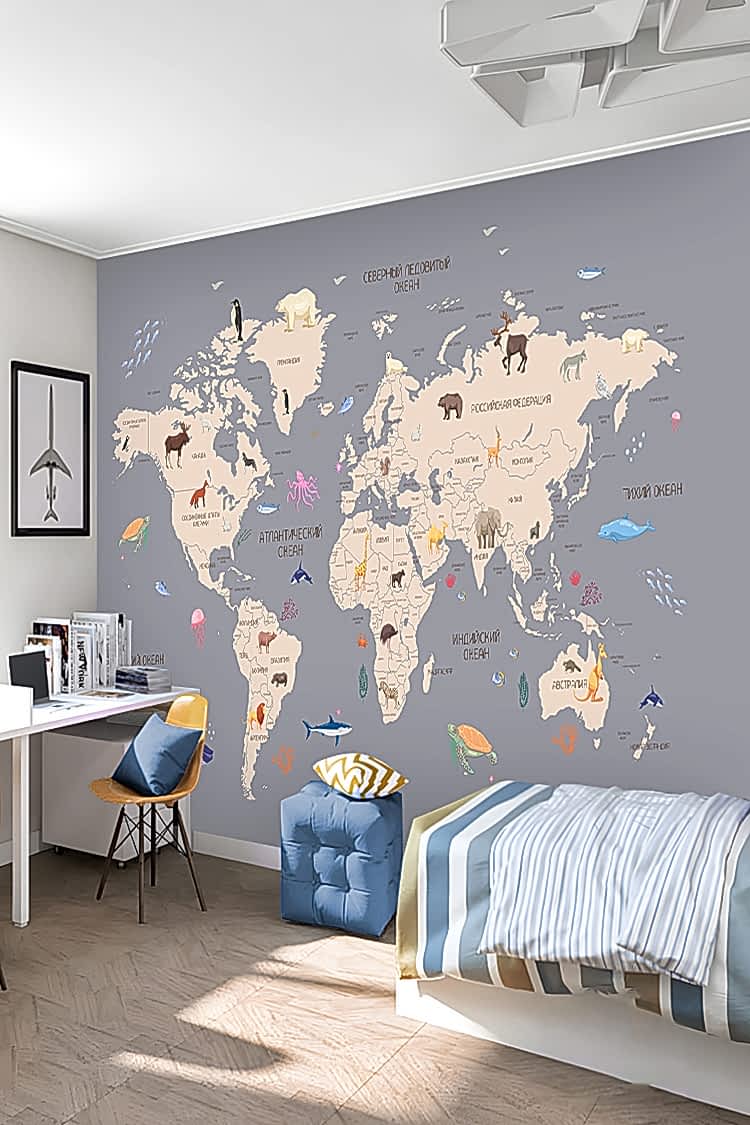 Renkli Dünya Haritası ve Hayvanlar Duvar Kağıdı - Görsel 6