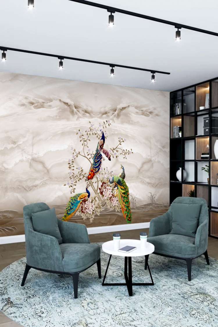 Zarif Pembe Tüylerle Süslenmiş Kuşlar Duvar Kağıdı - Görsel 6