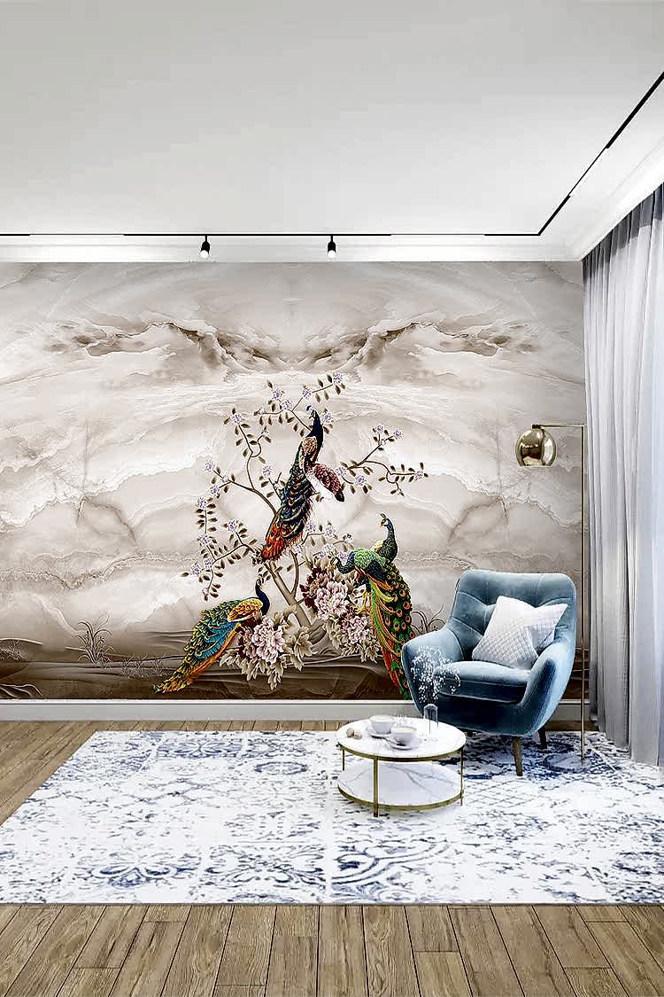 Zarif Pembe Tüylerle Süslenmiş Kuşlar Duvar Kağıdı