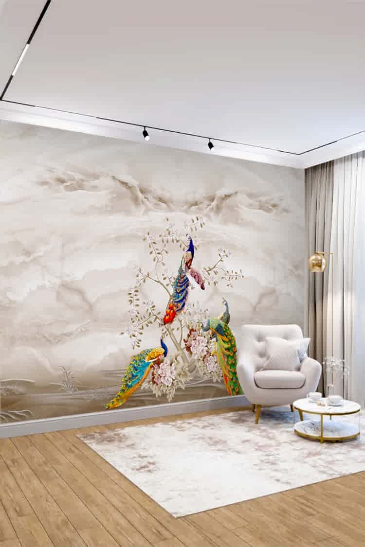 Zarif Pembe Tüylerle Süslenmiş Kuşlar Duvar Kağıdı - Görsel 5