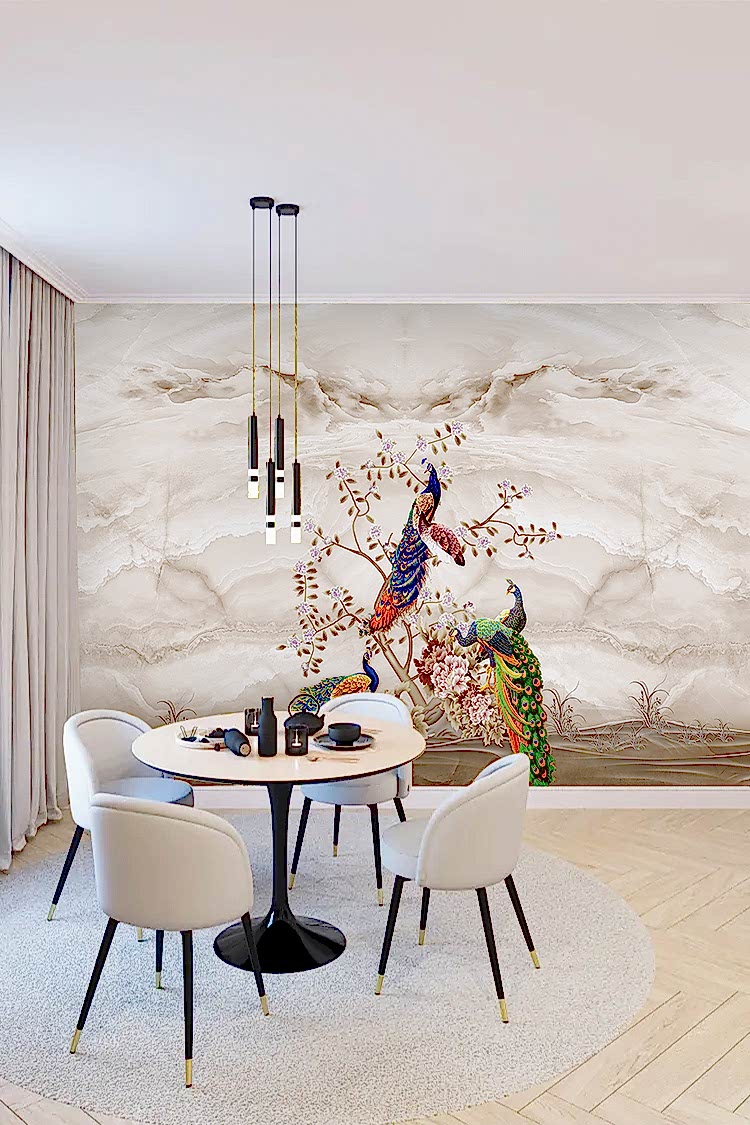 Zarif Pembe Tüylerle Süslenmiş Kuşlar Duvar Kağıdı - Görsel 4