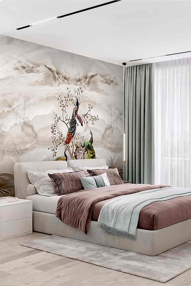 Zarif Pembe Tüylerle Süslenmiş Kuşlar Duvar Kağıdı - Görsel 3