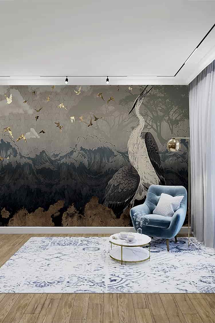 Zarif Kuş ve Doğa Desenli Duvar Kağıdı - Görsel 3