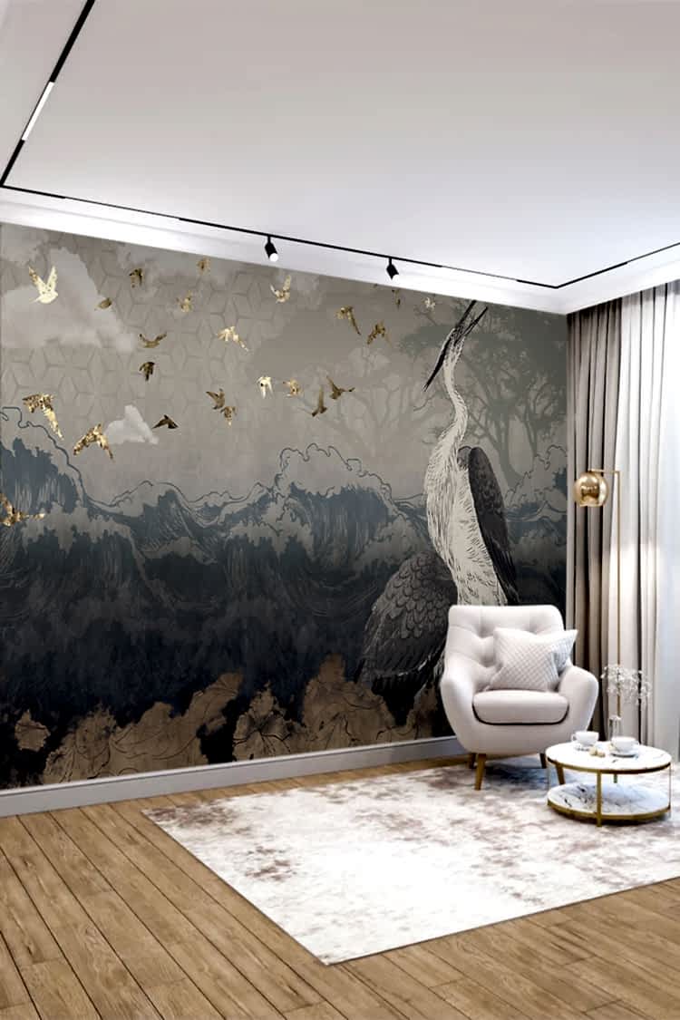 Zarif Kuş ve Doğa Desenli Duvar Kağıdı