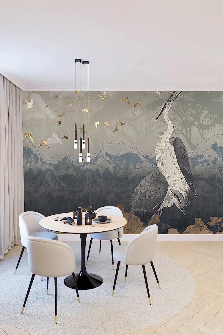 Zarif Kuş ve Doğa Desenli Duvar Kağıdı - Görsel 4