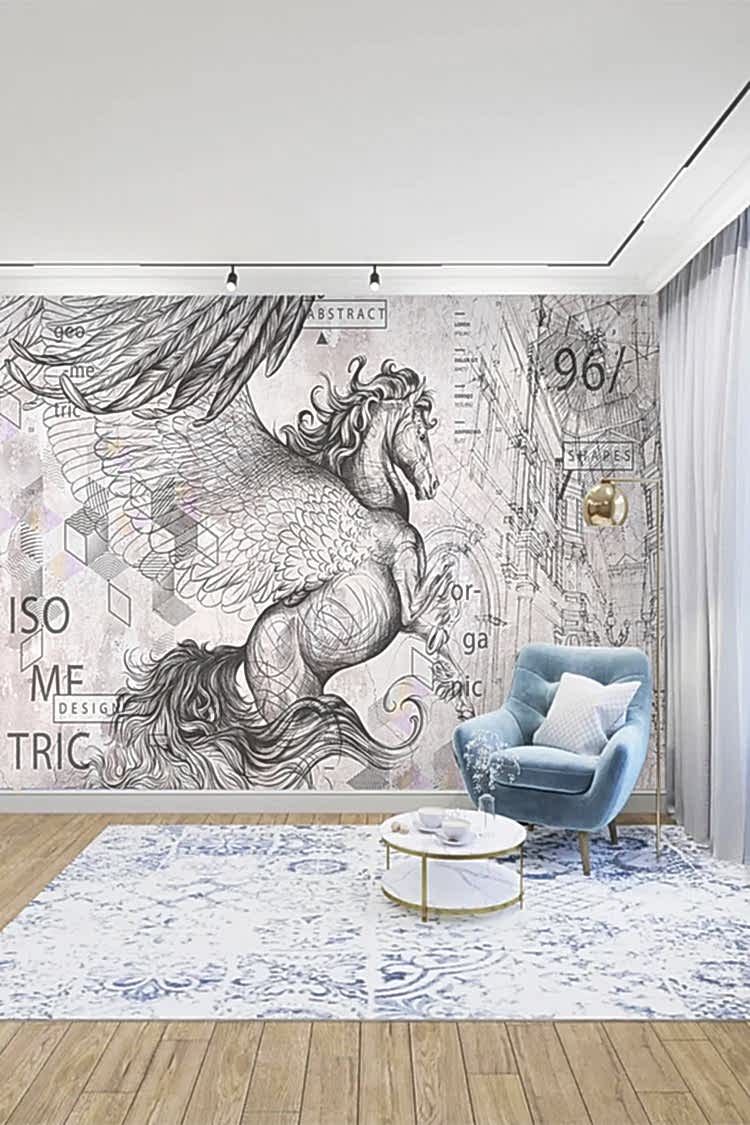 Mitolojik Pegasus Figürlü Sanatsal Duvar Kağıdı - Görsel 3