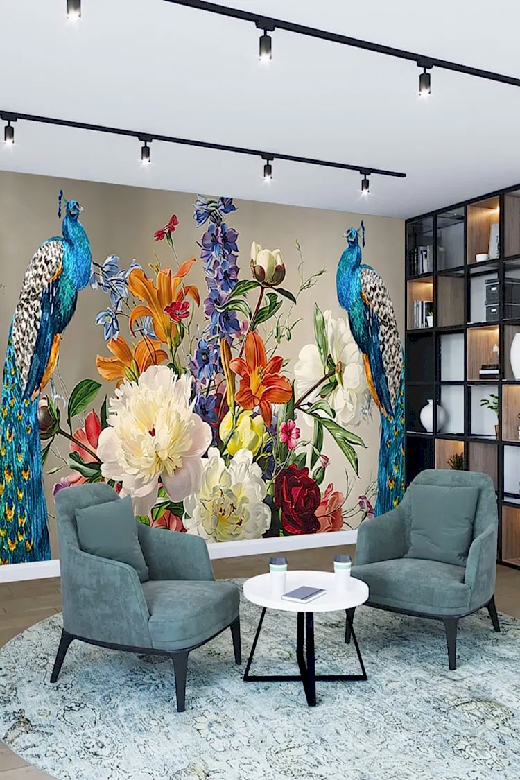 Tavus Kuşu ve Çiçek Desenli Renkli Duvar Kağıdı - Görsel 6