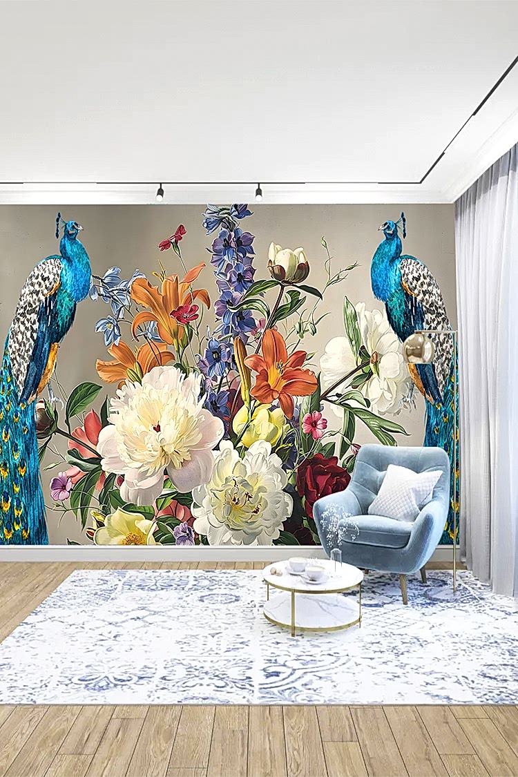 Tavus Kuşu ve Çiçek Desenli Renkli Duvar Kağıdı