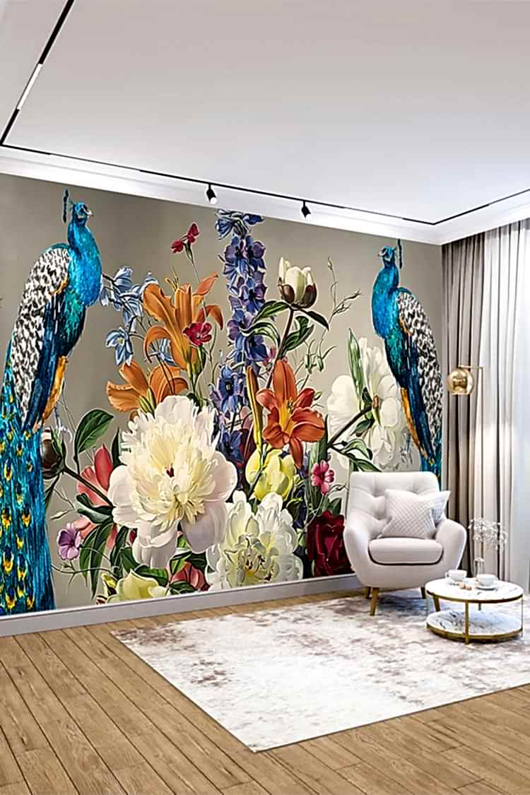 Tavus Kuşu ve Çiçek Desenli Renkli Duvar Kağıdı - Görsel 5